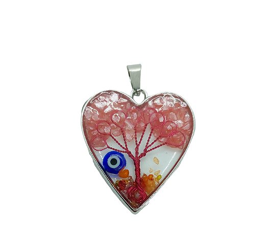 Pingente de Coração Capsulado - Arvore da Vida com Olho Grego