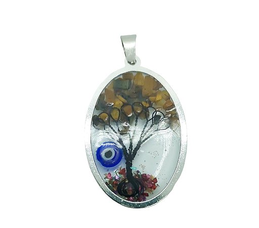 Pingente Oval Capsulado - Arvore da Vida com Olho Grego