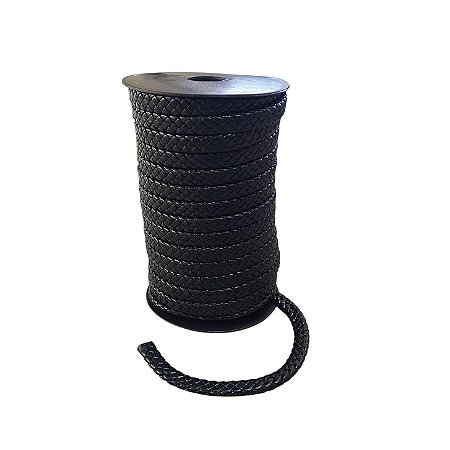 Couro Chato Trançado - Preto -Sintético 10mm x 4mm - Com 20 Metros
