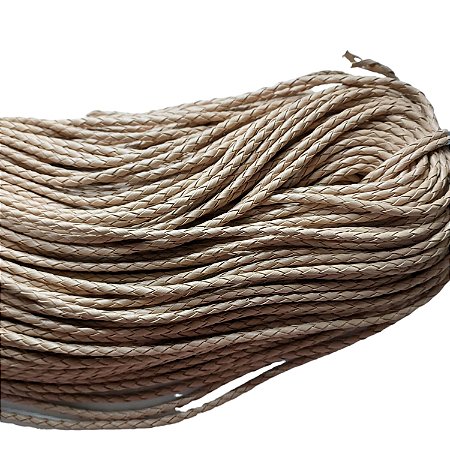 Fio de Couro Sintético Trançado - Bege 4mm com 100 metros