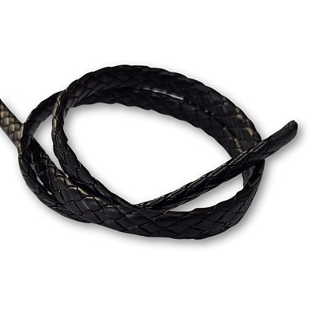 Fio de Couro Sintético Chato Trançado - Cor Preto