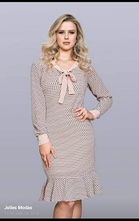 Vestido crepe poá manga longa