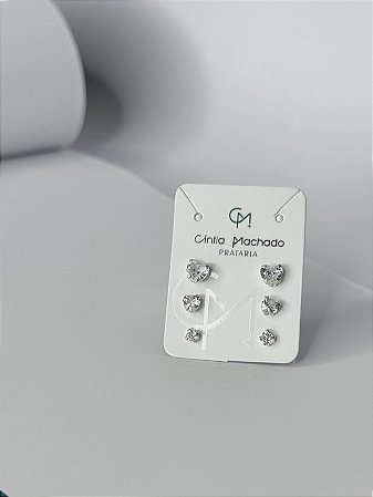 Trios de brincos zircônia Coração 3/4/5mm