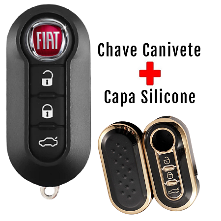 Kit Capa Carcaça Chave Canivete + Capa Silicone Chave Fiat Bravo Grand Siena Palio Punto 500 - Preto/Dourado