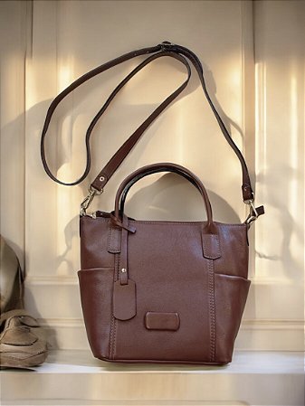 Bolsa couro café alça mão e transversa