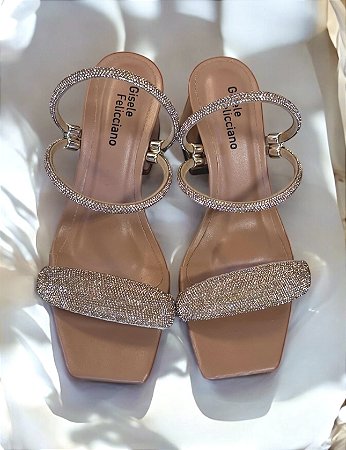Sandália strass blush salto bloco