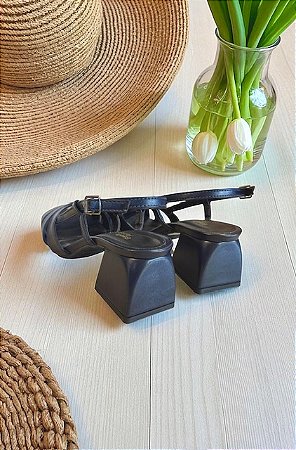 Sandália retrô luxo marinho salto bloco