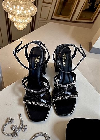 Sandália gala preta strass salto bloco