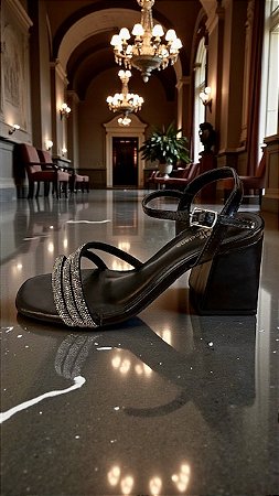 Sandália preta festa strass salto bloco