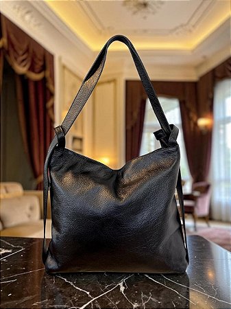 Bolsa Slouchy Preta Couro Legítimo Nobre