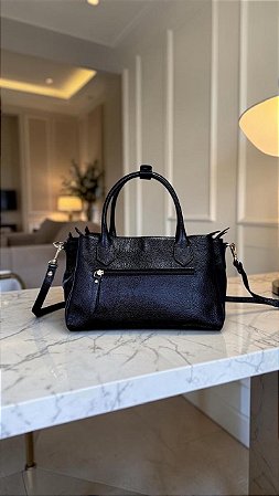 Bolsa Satchel 100% Couro Preta Divisões