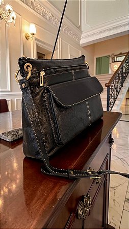 Bolsa Carteiro Preta Couro Legítimo