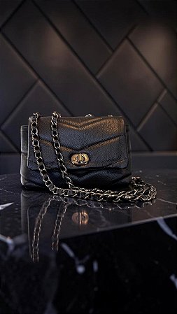 Bolsa Chevron Preta 100% Couro Legítimo