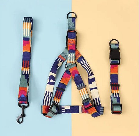 Conjunto Coleira + Coleira Peitoral + Guia Para Cães Azul