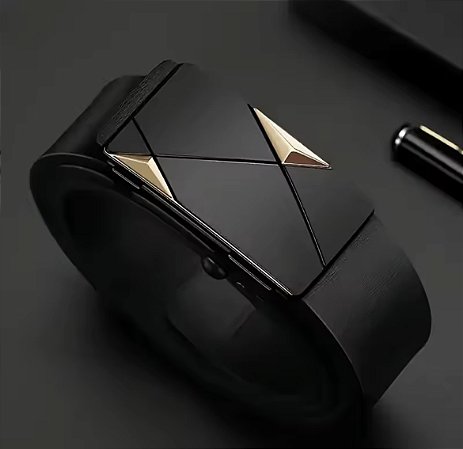 Cinto Bentim Couro Pu Fivela Catraca Dourado 130cm Preto