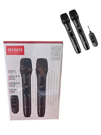 Microfone Aiwa Duplo Sem Fio Karaokê Aws-mic-01 P10 Uhf Preto