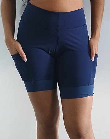 Bermuda Azul Suplex Corrida Fitness Maratona Academia Treino Cós Alto C/ Bolsos