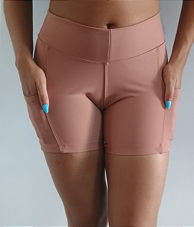 Short Suplex Marrom Fitness Lady Academia Treino Cós Alto C/ Bolsos
