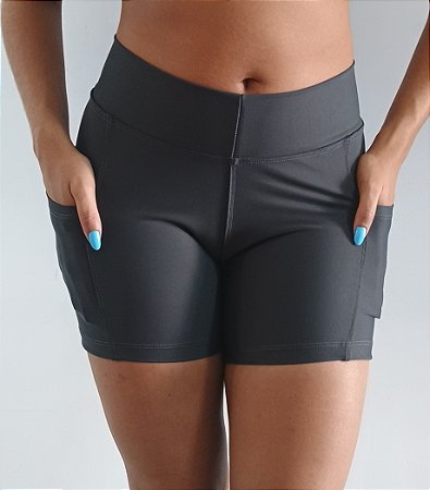Short Suplex Cinza Fitness Lady Academia Treino Cós Alto C/ Bolsos