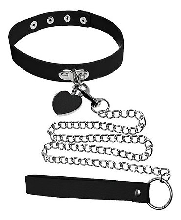 Coleira Com Alça Em Courino E Corrente De Metal 65 Cm 8306