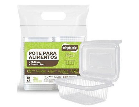 Kit Pote PP Retangular 24 un 250ml Rioplast C/ Tampa