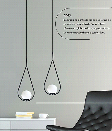 PENDENTE GOTA PRETO VIDRO LEITOSO 1XE27 ip20
