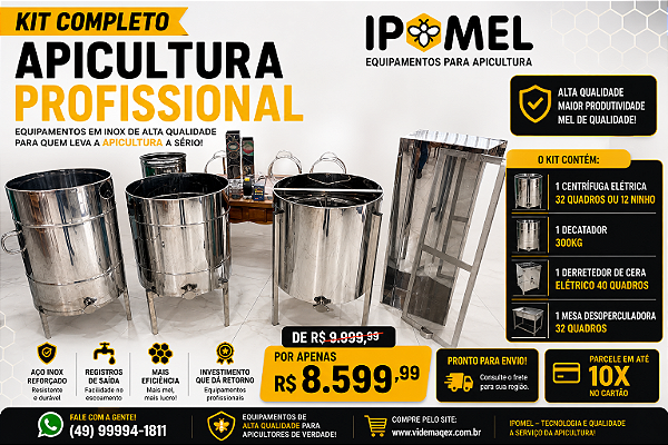KIT Centrifuga elétrica 36 + decantador 300kg + laminador + Derretedor elétrico 60 + mesa 45 quadros