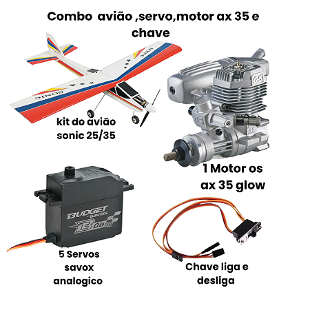 Kit Do Avião Sonic 20/25 Glow ,motor Ax 35, 5 Servos Chave
