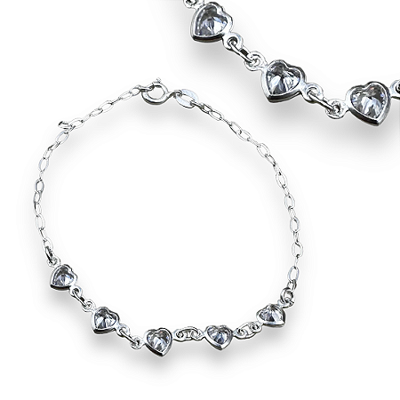 Pulseira Prata 925 Corações de Zircônias Cristal