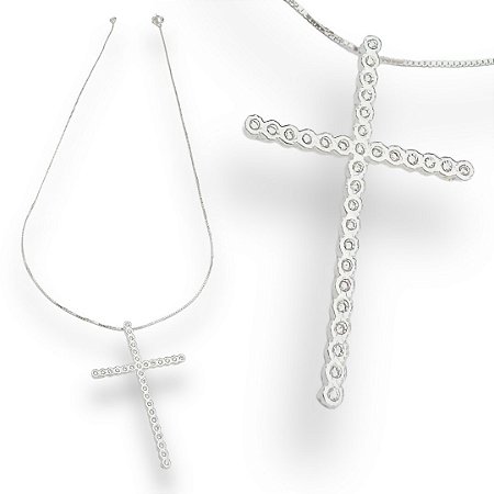 Pingente Prata 925 Crucifixo Cravejado Zircônias Cristais 2mm