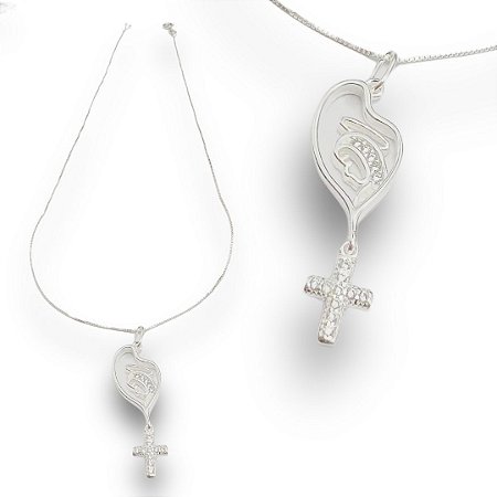 Pingente Prata 925 Nossa Senhora Cravejado Zircônias Cristal com Pendente Cruz
