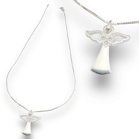 Pingente Prata 925 Anjo com Coração Cravejado Zircônias Cristal