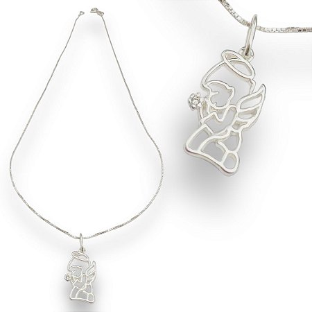 Pingente Prata 925 Anjo Rezando com Ponto de Luz 1mm