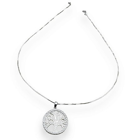 Pingente Prata 925 Árvore da Vida com Círculo Cravejado Zircônias Cristal 1mm