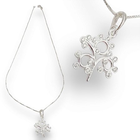 Conjunto Prata 925 Árvore da Vida Cravejada com Zircônias Cristal 1mm