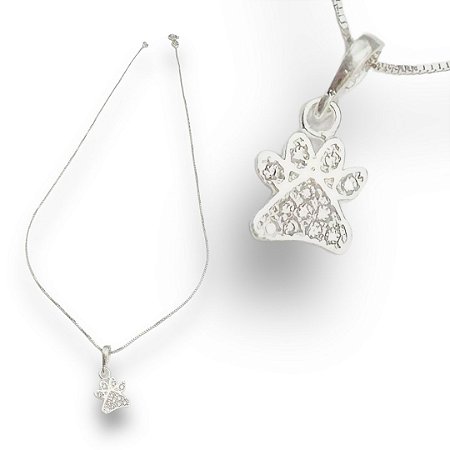 Pingente Prata 925 Pata Pet Cravejada Zircônias Cristal 1mm