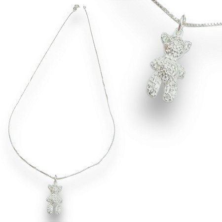 Pingente Prata 925 Ursinho Cravejado Zircônias Cristal 1mm