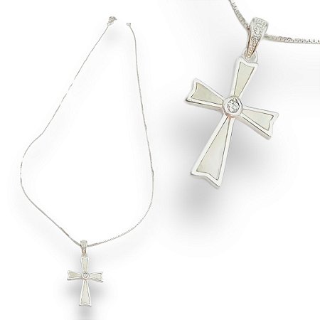 Pingente Prata 925 Crucifixo Madrepérola com Ponto de Luz Zircônia Cristal 2mm