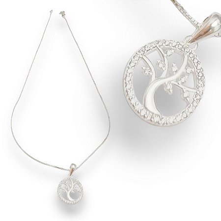 Pingente Prata 925 Árvore da Vida Cravejado Zircônias Cristal 1mm