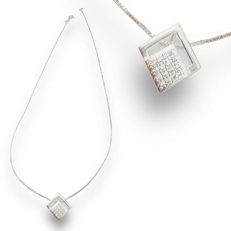 Pingente Prata 925 Losango Cravejado Zircônias Cristal 1mm