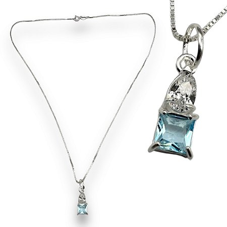 Pingente Prata 925 Zircônias Topázio Sky Quadrada e Cristal Gota