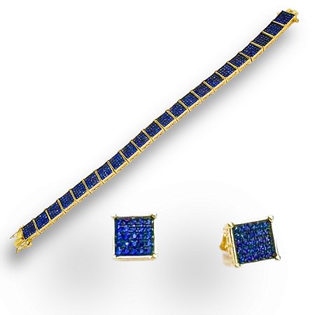 Conjunto Semijoia Luxo Quadrado Pedraria Zircônias Safira Azul 1mm