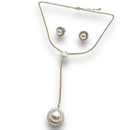 Conjunto Semijoia Luxo Pérola Cravejado Zircônias Cristal
