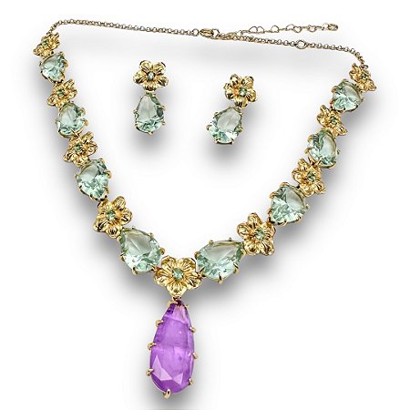 Conjunto Semijoia Luxo Pedraria Zircônias Cor Verde Claro