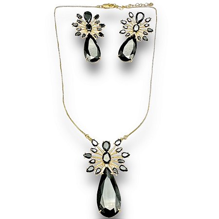 Conjunto Semijoia Luxo Pedraria Zircônias Cor Preto