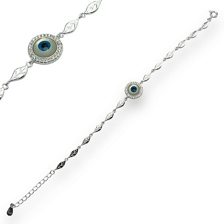 Pulseira Prata 925 Olho Grego Folhas Cravejado com Zircônias