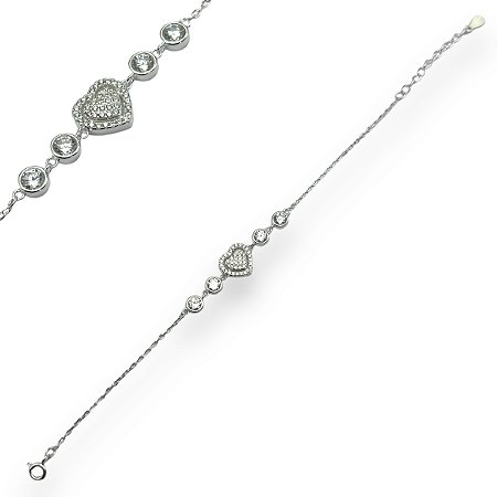 Pulseira Prata 925 Coração Cravejado com Zircônias e Ponto de Luz