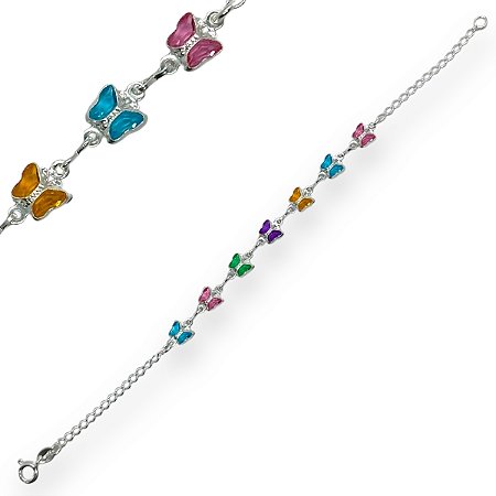 Pulseira Prata 925 Borboletas Coloridas