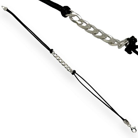 Pulseira Prata 925 Elo Grummet Tira Preta