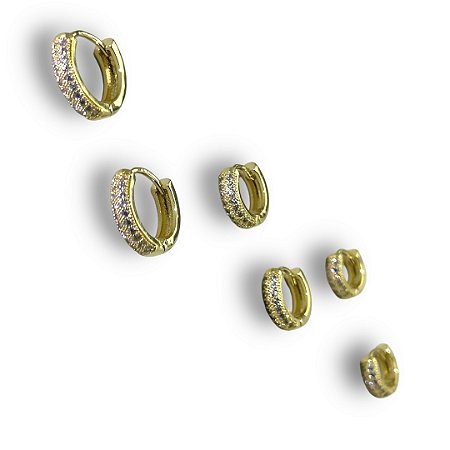 Brinco Semijoia Trio Argolinhas Cravejada Zircônias Cristal Tubo abaulado 3mm